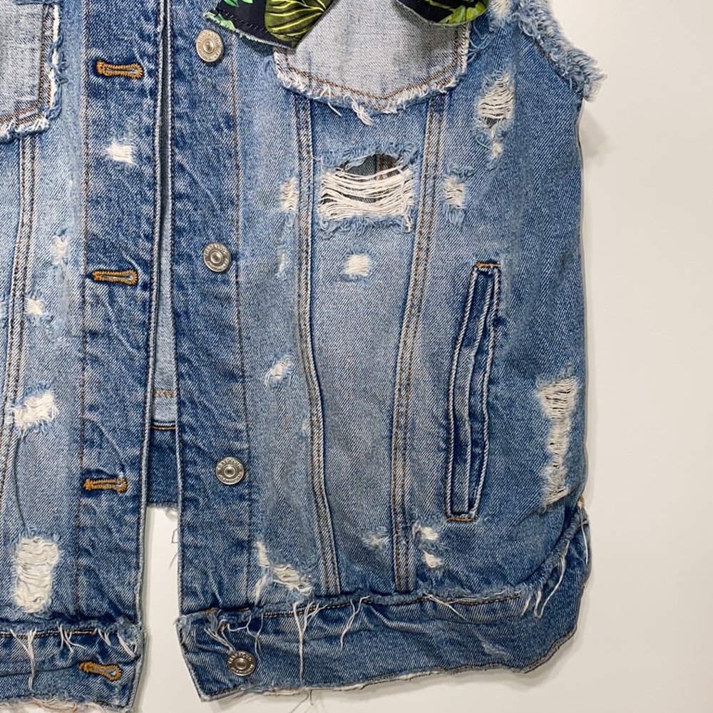 Oversized Distressed Denim Vest with Floral Back - Picture 7 of 17